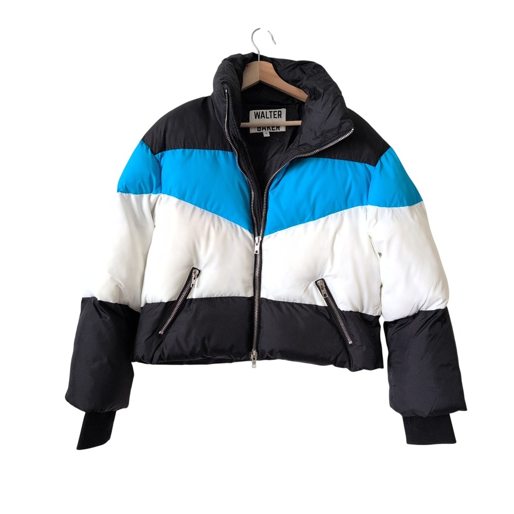 Walter Baker Womens Colorblock Puffer Jacket Black Blue White Zip Small Winter